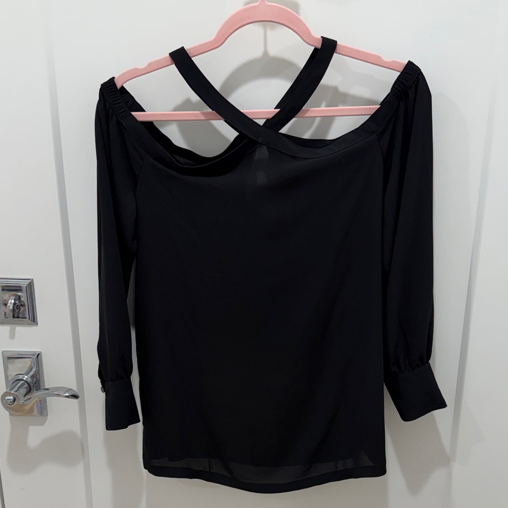 LOFT Black Off-Shoulder Top with Crossed Back Straps